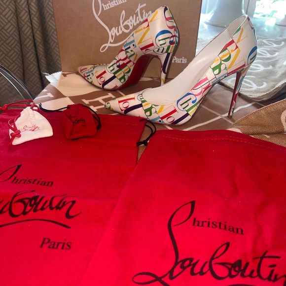 Christian Louboutin Shoes - Christian Louboutin Multicolor Logo Print Pointed Toe Pumps on White